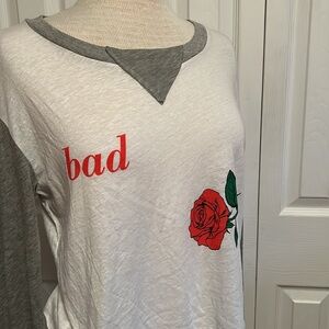 Wildfox White “Bad” T-Shirt with Long Gray Sleeves Size Small
